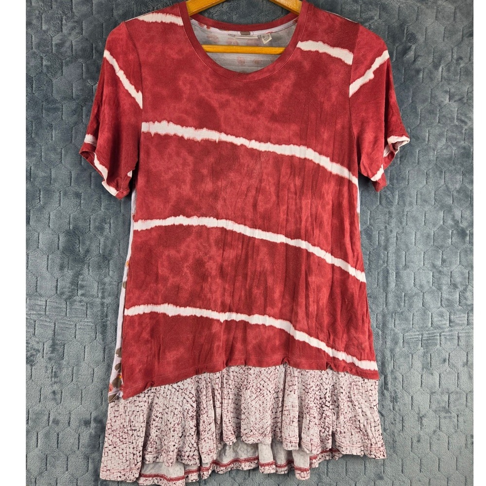 LOGO Lori Goldstein Womens Red Tie Dye Polka Dot Mixed Media Peplum Top Medium